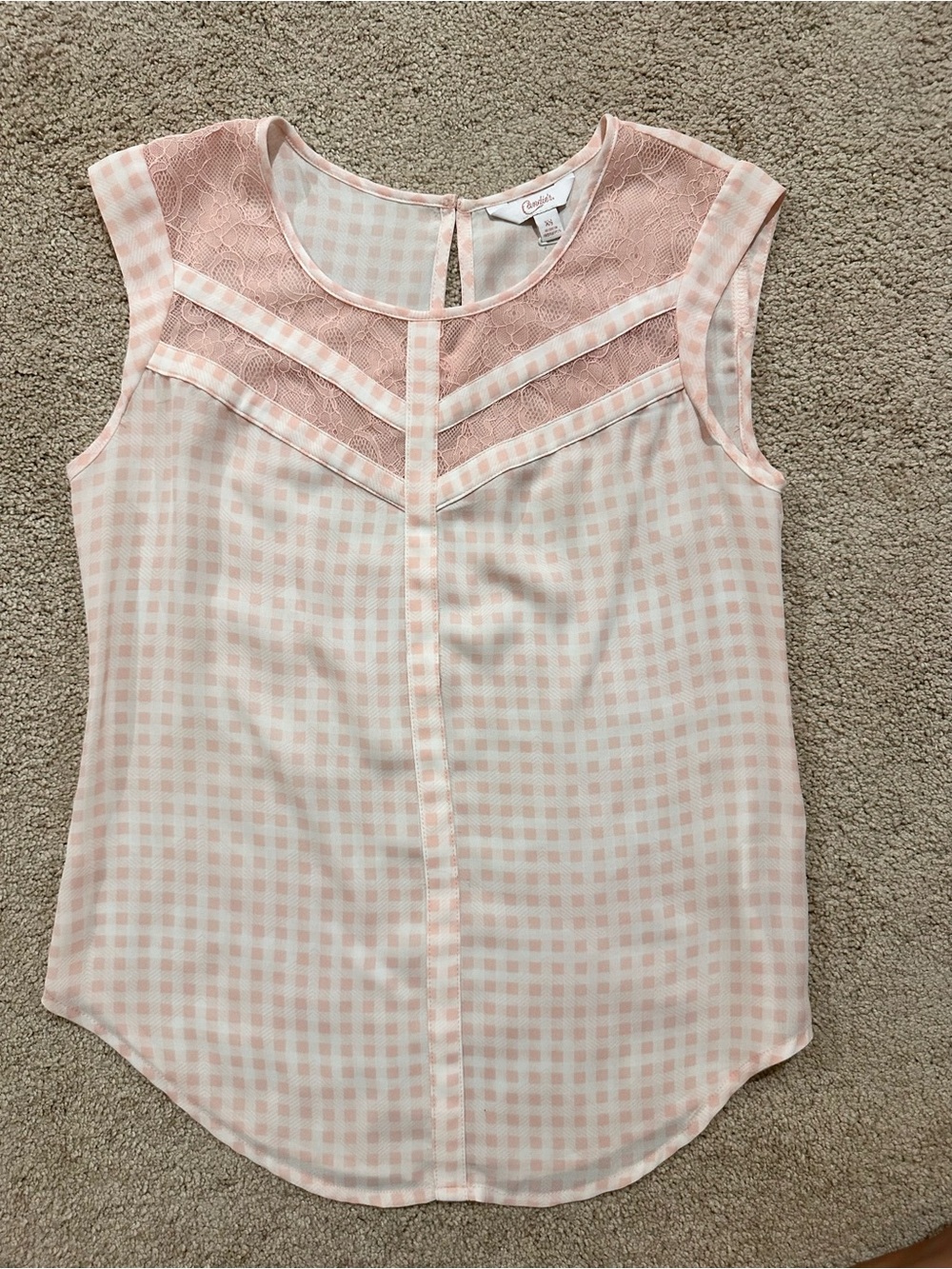 XS Candie's Pink Gingham Lace Yoke Sleeveless Top